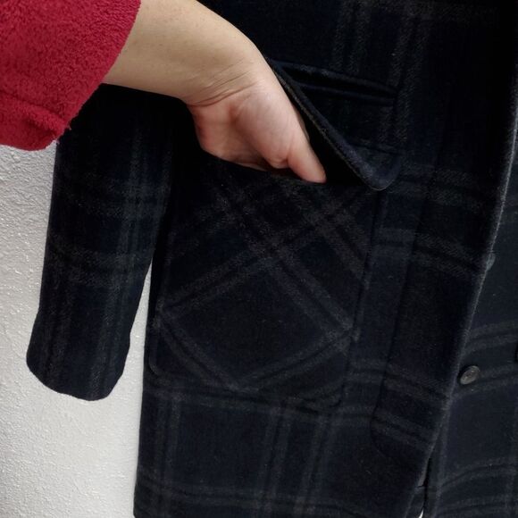 7 For All Mankind Wool Navy Longline Plaid Academia Peacoat - Picture 6 of 15